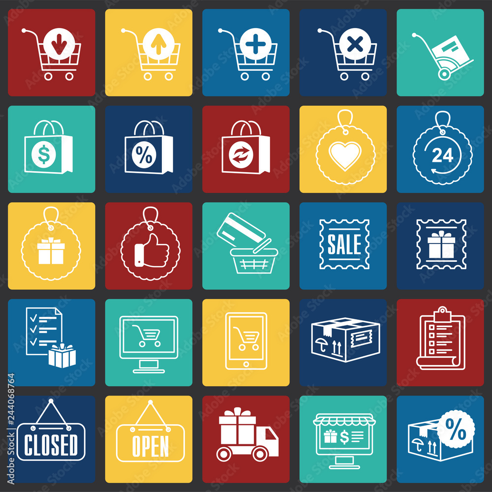 Poster online shopping icons set on color squares background for graphic and web design, modern simple vect