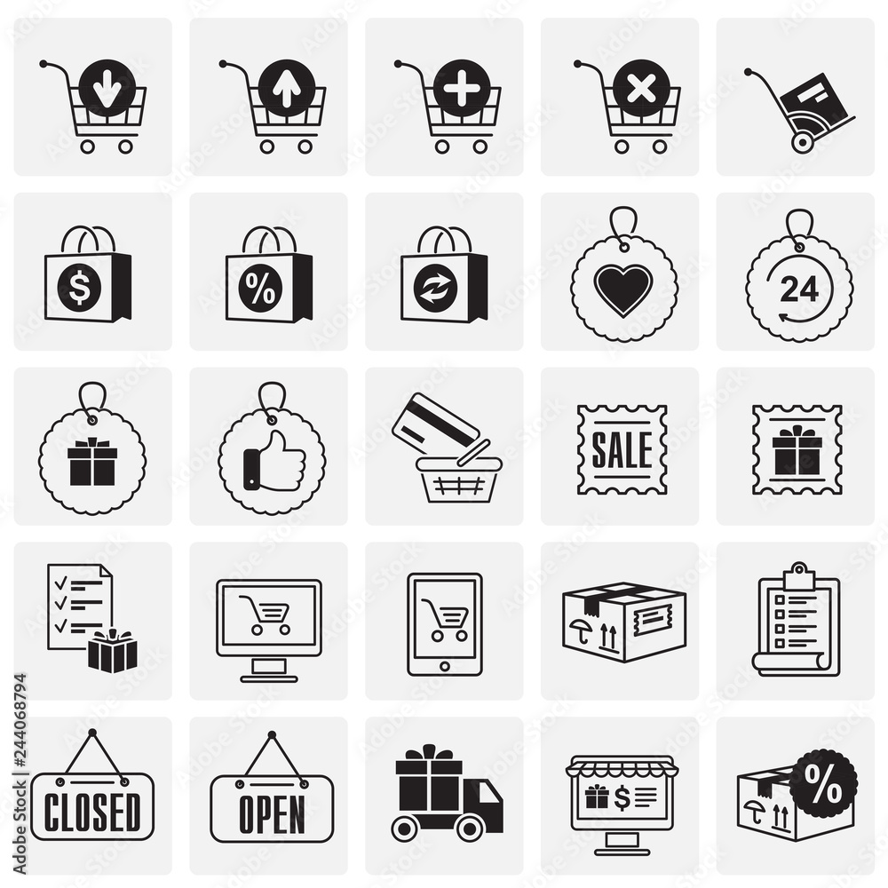 Poster online shopping icons set on squares background for graphic and web design, modern simple vector sig
