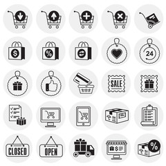 Online shopping icons set on circles background for graphic and web design, Modern simple vector sign. Internet concept. Trendy symbol for website design web button or mobile app