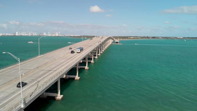 Aerial view of Rickenbacker Causeway in Miami, Florida. Going down from a high viewpoint