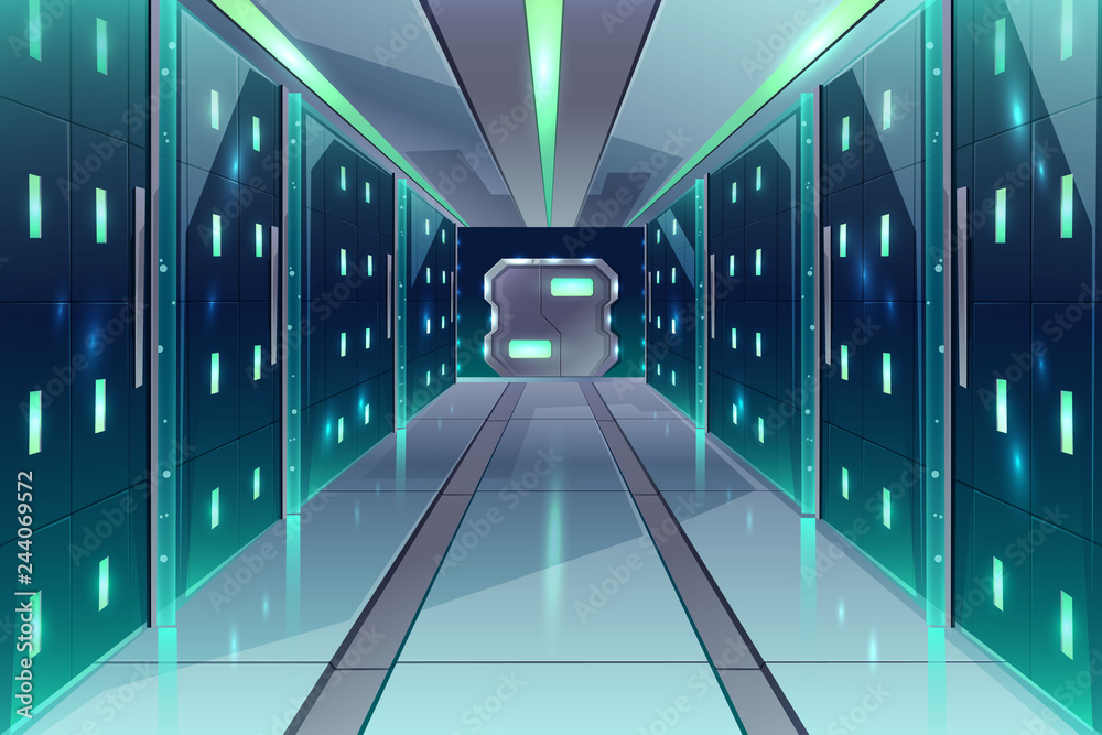 Poster vector cartoon corridor in a spaceship, datacenter with server racks. the illuminated passage in a s