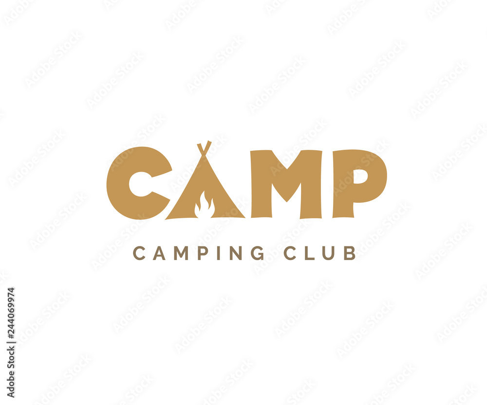 Wall mural camp vector sign. camping logo design with tent and fire