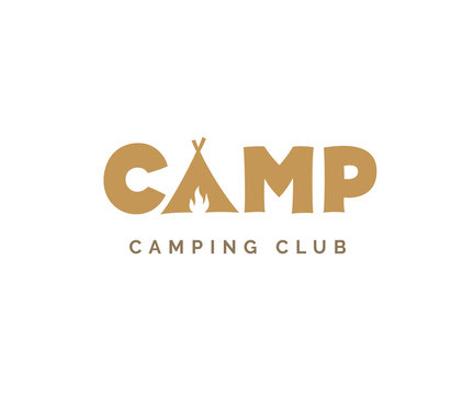 Camp vector sign. Camping logo design with tent and fire