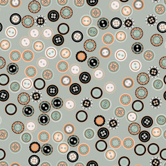 Vector seamless pattern. Delicate colors with black and orange details on gray. Cute cartoon illustration of scattered buttons. Design for textile, wrapping, greetings cards, any backgrounds etc.