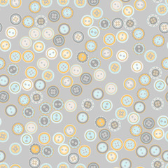 Vector seamless pattern. Pastel delicate colors with different shades on gray. Cute cartoon illustration of scattered buttons. Design for textile, wrapping, greetings cards, any backgrounds etc.