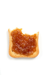 eating a slice of toast and jam on the absolute white background
