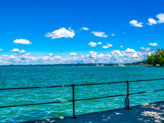 Lake Constance, Bodensee shady promenade view in Bregenz, Austria on a sunny June day