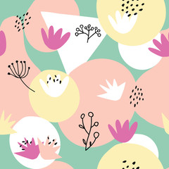 Abstract shapes seamless collage pattern with dots, floral, round and angles and geometrical elements. Tileable modern wallpaper background for web, banners, cards, fabric, textile and surface design