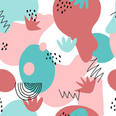 Abstract shapes seamless collage pattern with dots, floral, round and angles and geometrical elements. Tileable modern wallpaper background for web, banners, cards, fabric, textile and surface design