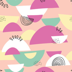 Abstract shapes seamless collage pattern with dots, floral, round and angles and geometrical elements. Tileable modern wallpaper background for web, banners, cards, fabric, textile and surface design