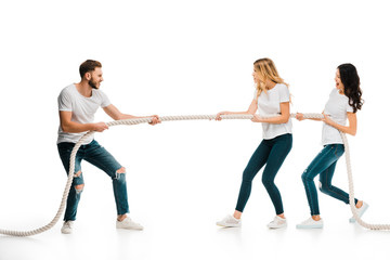 emotional young man and women pulling rope isolated on white