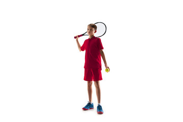 Young teen boy tennis player in motion or movement isolated on white studio background. The sport, exercise, training concept
