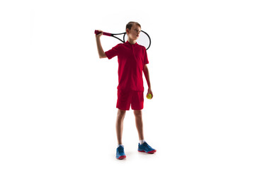 Young teen boy tennis player in motion or movement isolated on white studio background. The sport, exercise, training concept
