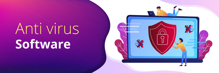 A man before laptop with shield and lock on the screen. Anti virus software, anti-malware, spyware, trojan, adware as internet security concept. Violet palette.Header or Footer banner.