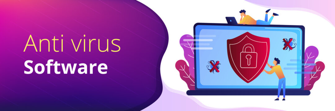 A Man Before Laptop With Shield And Lock On The Screen. Anti Virus Software, Anti-malware, Spyware, Trojan, Adware As Internet Security Concept. Violet Palette.Header Or Footer Banner.