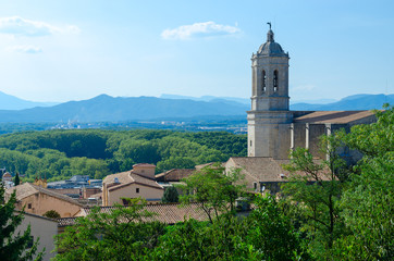 Fototapeta premium Top view of historic center of Girona, Spain
