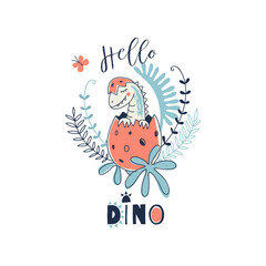 Cute Newborn Dino hand drawn summer vector illustration. Perfect for baby t-shirt print, nursery fashion wear, wall art posters