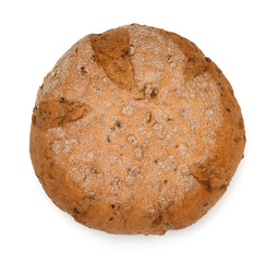 Round loaf of bread isolated on a white background, top view, close up.