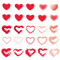 Icon set of red heart .Painted Hearts from Grunge Brush Strokes. Collection of love symbols for Valentine card, banner. texture design elements. Isolated on white background. Vector illustration