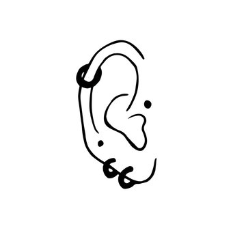 Ear Piercing. Vector Human Ear With Piercing. Hand Drawn. Vector Isolated Outline Drawing