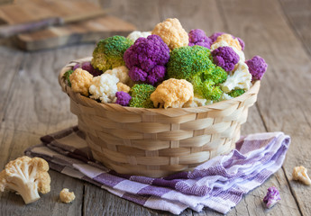 Fototapeta na wymiar Cut cauliflower of different types and different colors