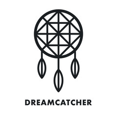 Obraz premium Dreamcatcher Indian Ethnic Feather Ornament. Vector Flat Line Stroke Icon. Dream Catcher Magic Symbol. 