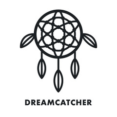 Dreamcatcher Indian Ethnic Feather Ornament. Vector Flat Line Stroke Icon. Dream Catcher Magic Symbol. 