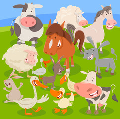 farm animals on meadow cartoon illustration
