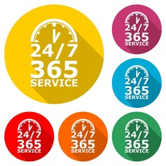 Open 24/7 - 365, 24/7 365 icon or logo, color set with long shadow