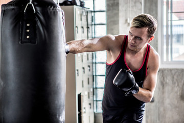 Handsome young man boxer is exercising with a punching bag at training fitness gym.male boxing...