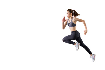 young asian fitness woman in sportwear  running  isolated on white background . excited runner , jumping  girl with copy space
