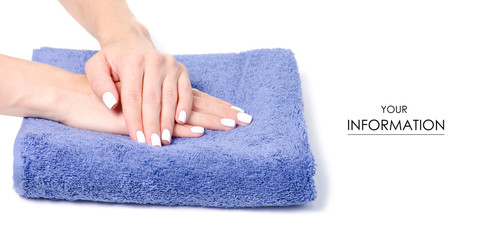 Towel female hands manicure pattern on white background isolation