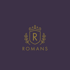 Initials letter R logo business vector template. Crown and shield shape. Luxury, elegant, glamour, fashion, boutique for branding purpose. Unique classy concept.