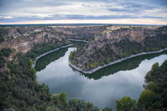 Hoces del Durat&oacute;n, Segovia, Spain. Landscape fron San Frutos. with flere effect of sunset.