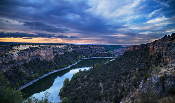 Hoces del Durat&oacute;n, Segovia, Spain. Landscape fron San Frutos. with flere effect of sunset.