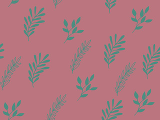 illustration, turquoise, green branches of plant leaves on pink background