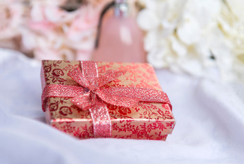 box, flowers, hydrangea, gift, white, cloth, candle,