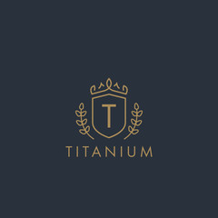 Initials letter T logo business vector template. Crown and shield shape. Luxury, elegant, glamour, fashion, boutique for branding purpose. Unique classy concept.