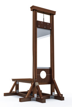 Guillotine instrument for inflicting capital punishment by decapitation isolated on white background. Old wooden instrument for execution. 3d Rendering illustration