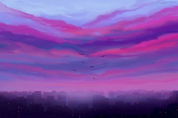 Peel and stick wall murals purple Morning in the city. Illustration painting