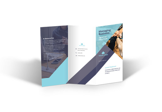 Trifold Brochure Layout with Light and Dark Blue Accents
