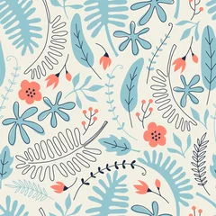 Zelfklevend Fotobehang Hand drawn seamless pattern with tropical leaves and flowers. Perfect for kids fabric, textile, nursery wallpaper. © AngellozOlga