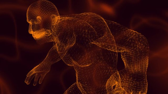 Wireframe model of big man in strong powerful pose. Concept animation with futuristic science technology.