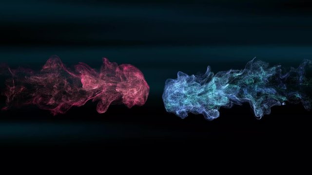 Collission of shapes. Abstract background animation with moving colorful particles on dark background.