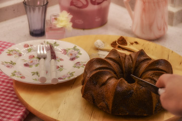 Homemade chocolate cake on plate. Food bakery conept