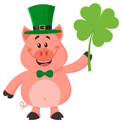 Happy Leprechaun Pig Cartoon Character Holding Leaf Clover. Vector Illustration Flat Design Isolated On White Background