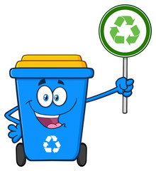 Cute Blue Recycle Bin Cartoon Mascot Character Holding A Recycle Sign. Vector Illustration Isolated On White Background