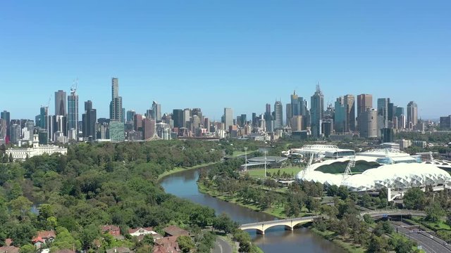 Views of the Melbourne CBD Skyline From the Yarra River Aerial View