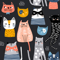 Seamless pattern with cute Kittens in diferent style. Creative childish texture. Great for fabric, textile Vector Illustration