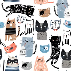 Fotobehang Katten Naadloos patroon met schattige kittens in verschillende stijl. Creatieve kinderachtige textuur. Geweldig voor stof, textiel vectorillustratie